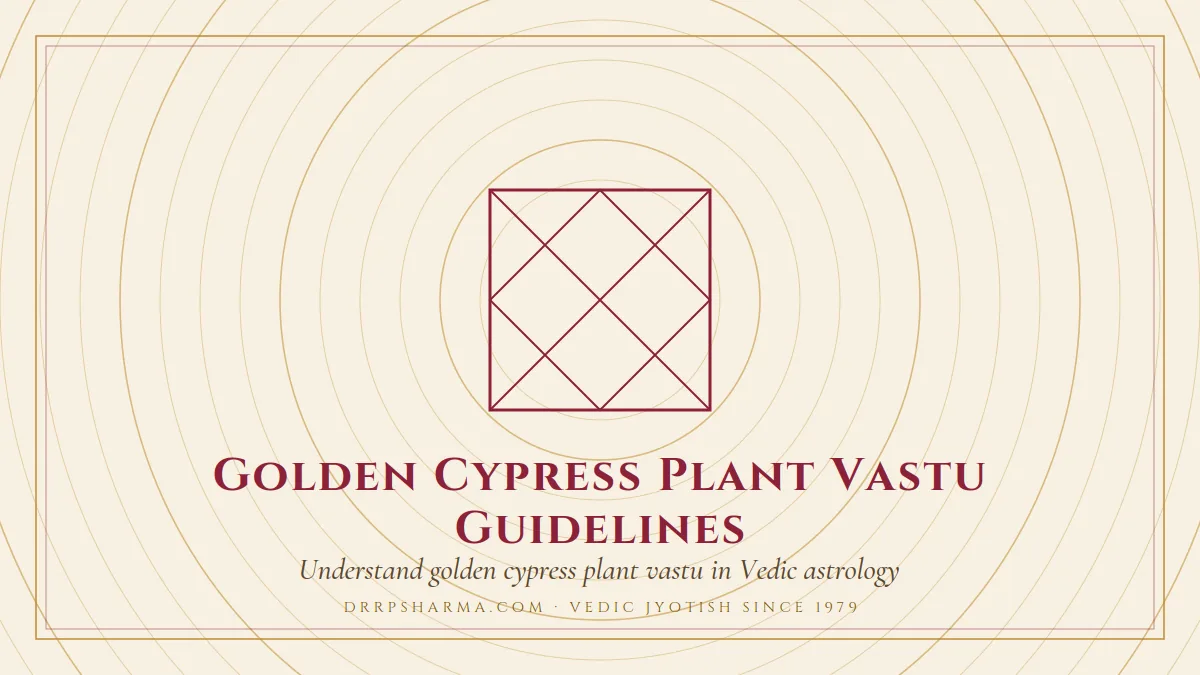 Golden Cypress Plant Vastu Guidelines — a Vedic birth-chart (kundli) diagram motif on a parchment plate