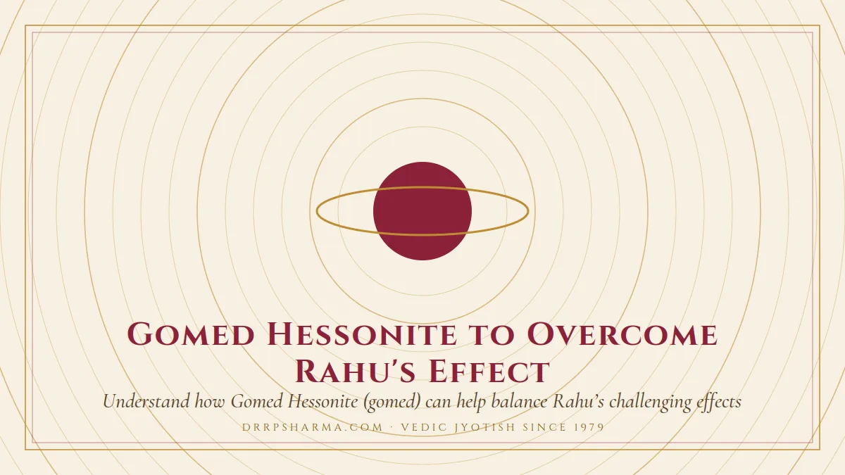 Gomed Hessonite to Overcome Rahu's Effect — a ringed-planet motif on a parchment plate