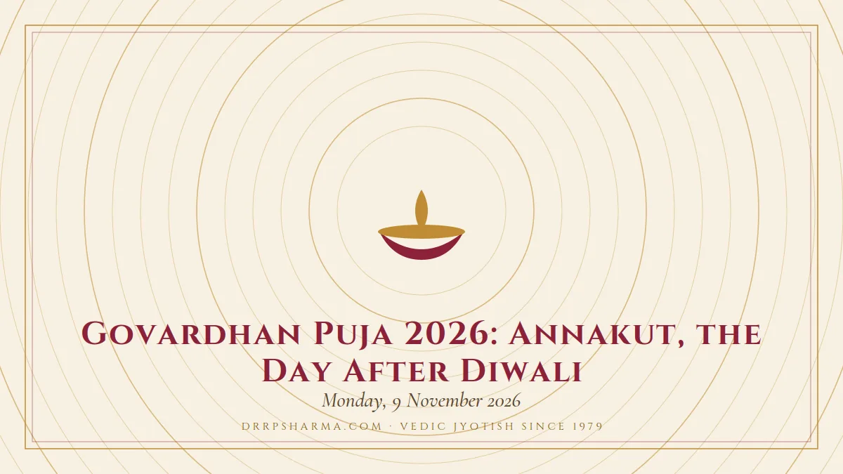 Govardhan Puja 2026: Annakut on 10 November — a lit diya lamp motif on a parchment plate
