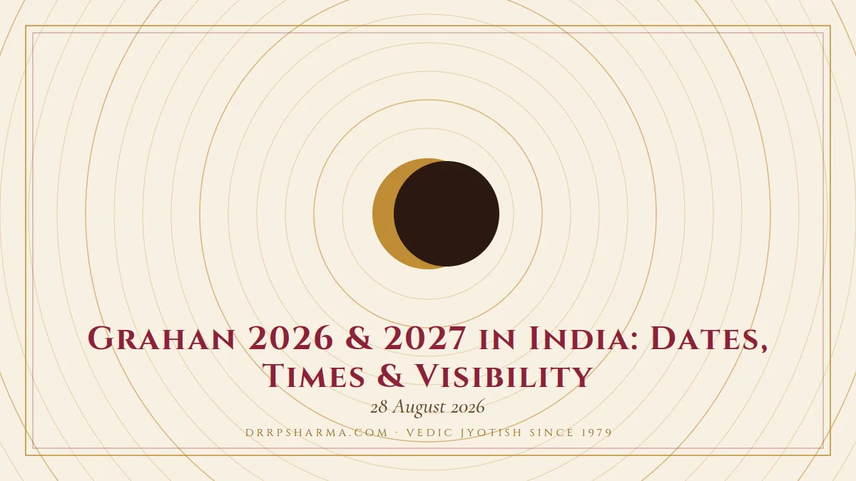 Grahan 2026 & 2027 in India: Dates, Times & Visibility — an eclipse motif on a parchment plate