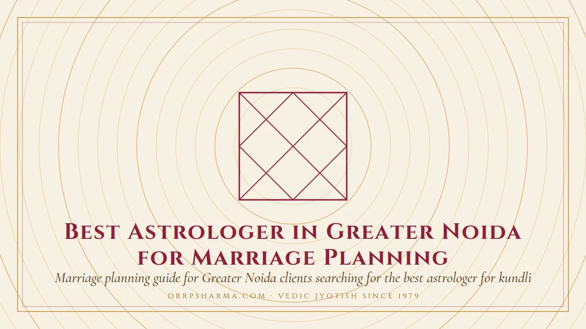 Best Astrologer in Greater Noida for Marriage Planning — a Vedic birth-chart (kundli) diagram motif on a parchment plate
