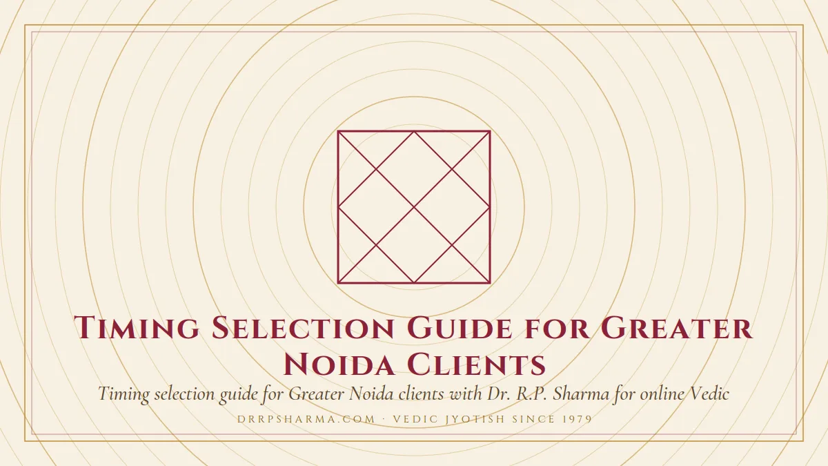 Timing Selection Guide for Greater Noida Clients — a Vedic birth-chart (kundli) diagram motif on a parchment plate