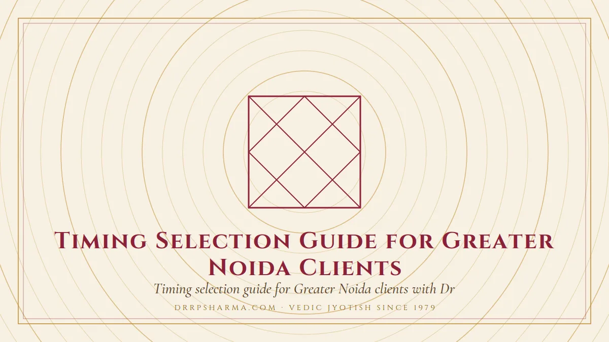 Timing Selection Guide for Greater Noida Clients — a Vedic birth-chart (kundli) diagram motif on a parchment plate
