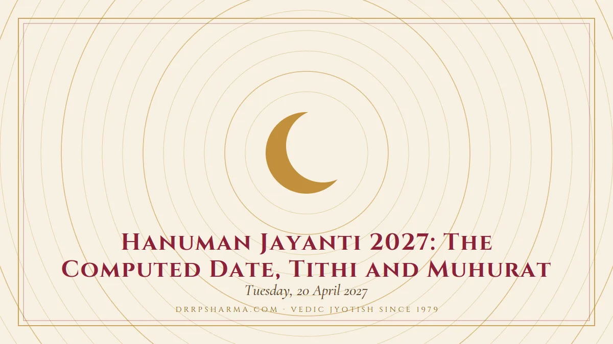 Hanuman Jayanti 2027: The Computed Date, Tithi and Muhurat — a gold crescent-moon motif on a parchment plate