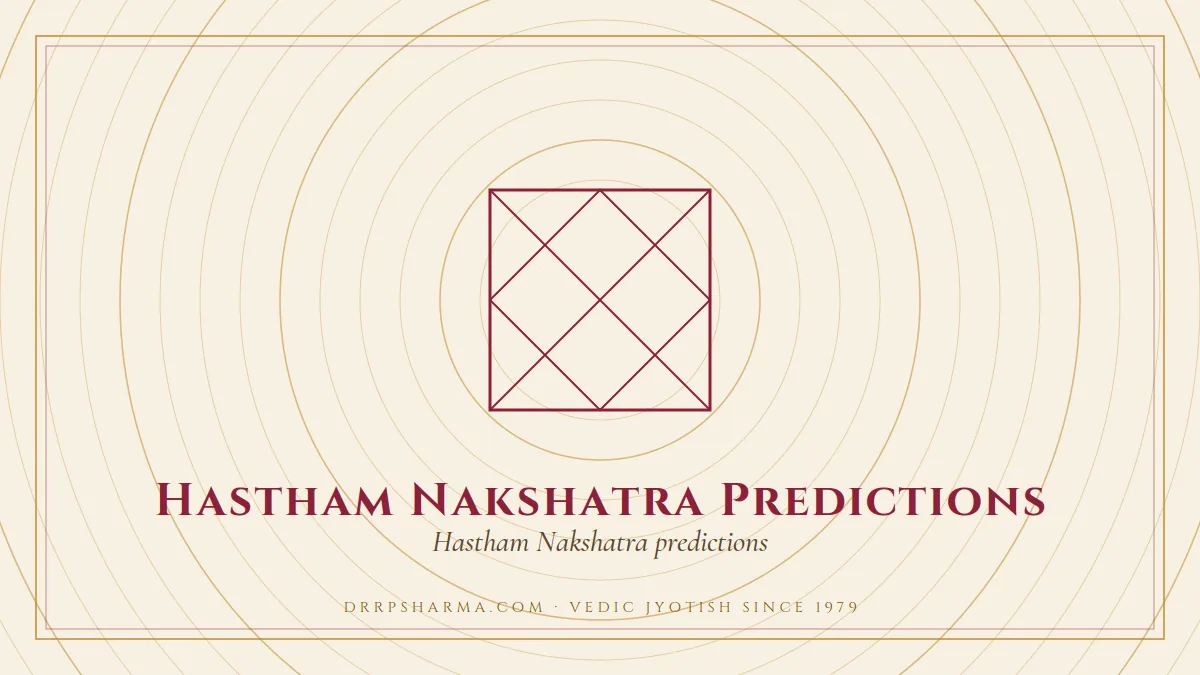 Hastham Nakshatra Predictions — a Vedic birth-chart (kundli) diagram motif on a parchment plate
