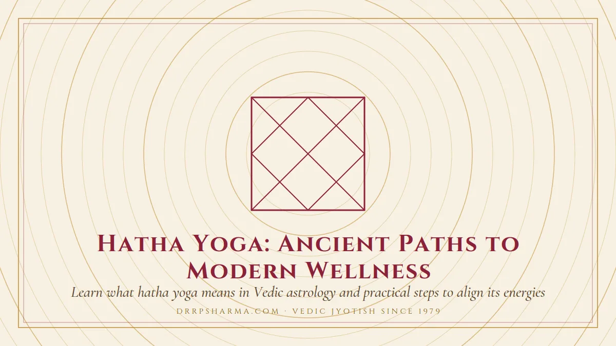 Hatha Yoga: Ancient Paths to Modern Wellness — a Vedic birth-chart (kundli) diagram motif on a parchment plate
