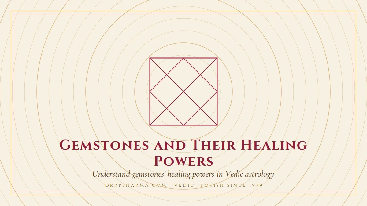 Gemstones and Their Healing Powers — a Vedic birth-chart (kundli) diagram motif on a parchment plate