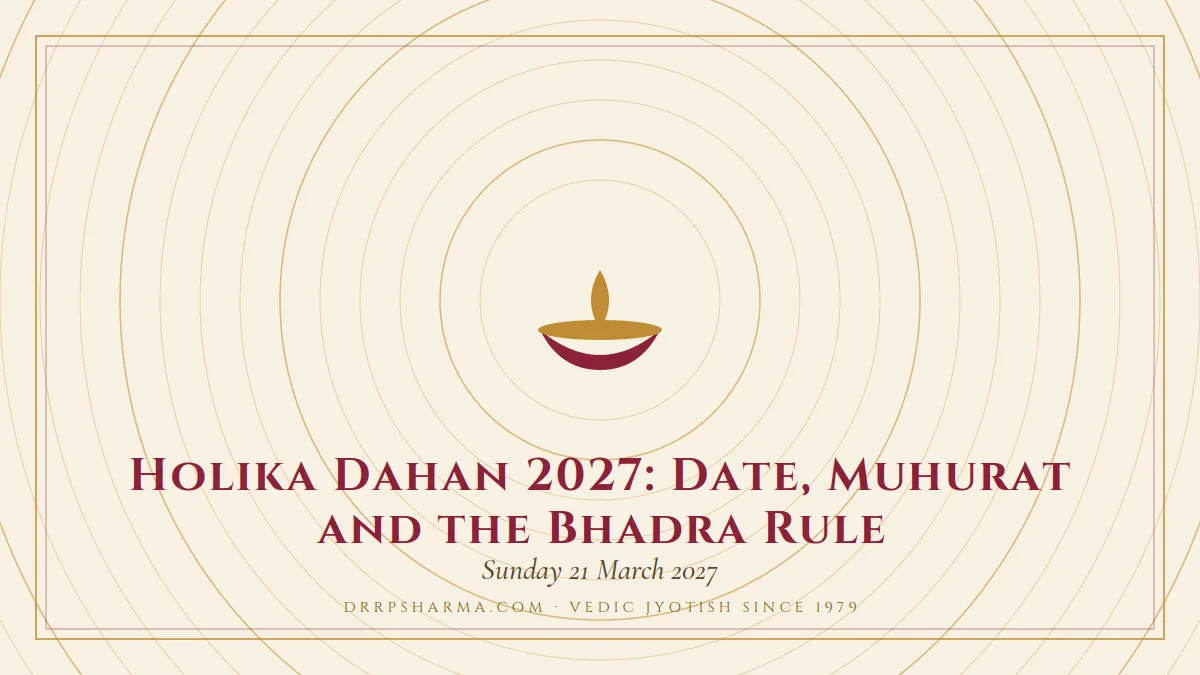 Holika Dahan 2027: Date, Muhurat and the Bhadra Rule — a lit diya lamp motif on a parchment plate