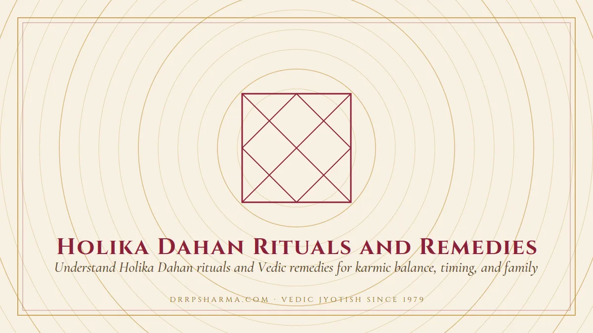 Holika Dahan Rituals and Remedies — a Vedic birth-chart (kundli) diagram motif on a parchment plate