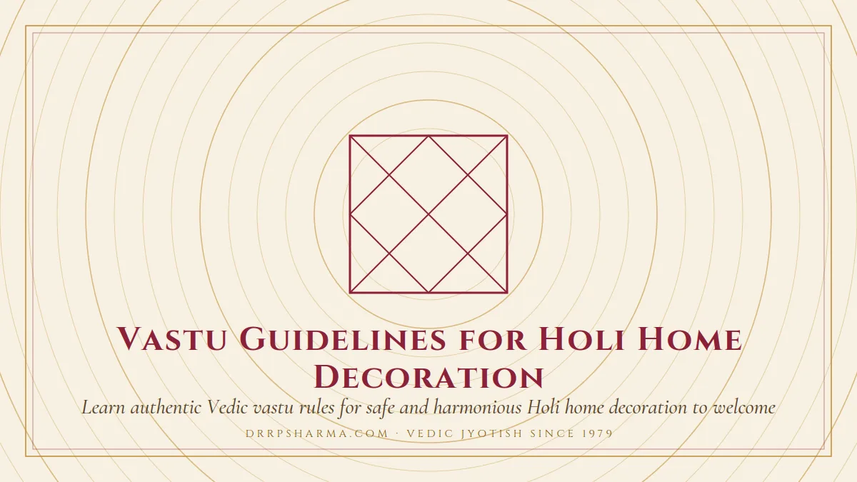 Vastu Guidelines for Holi Home Decoration — a Vedic birth-chart (kundli) diagram motif on a parchment plate