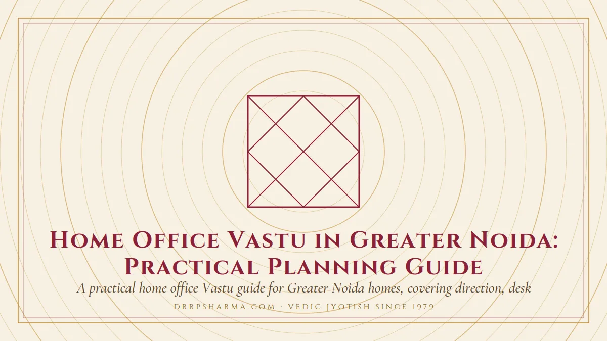Home Office Vastu in Greater Noida: Practical Planning Guide — a Vedic birth-chart (kundli) diagram motif on a parchment plate