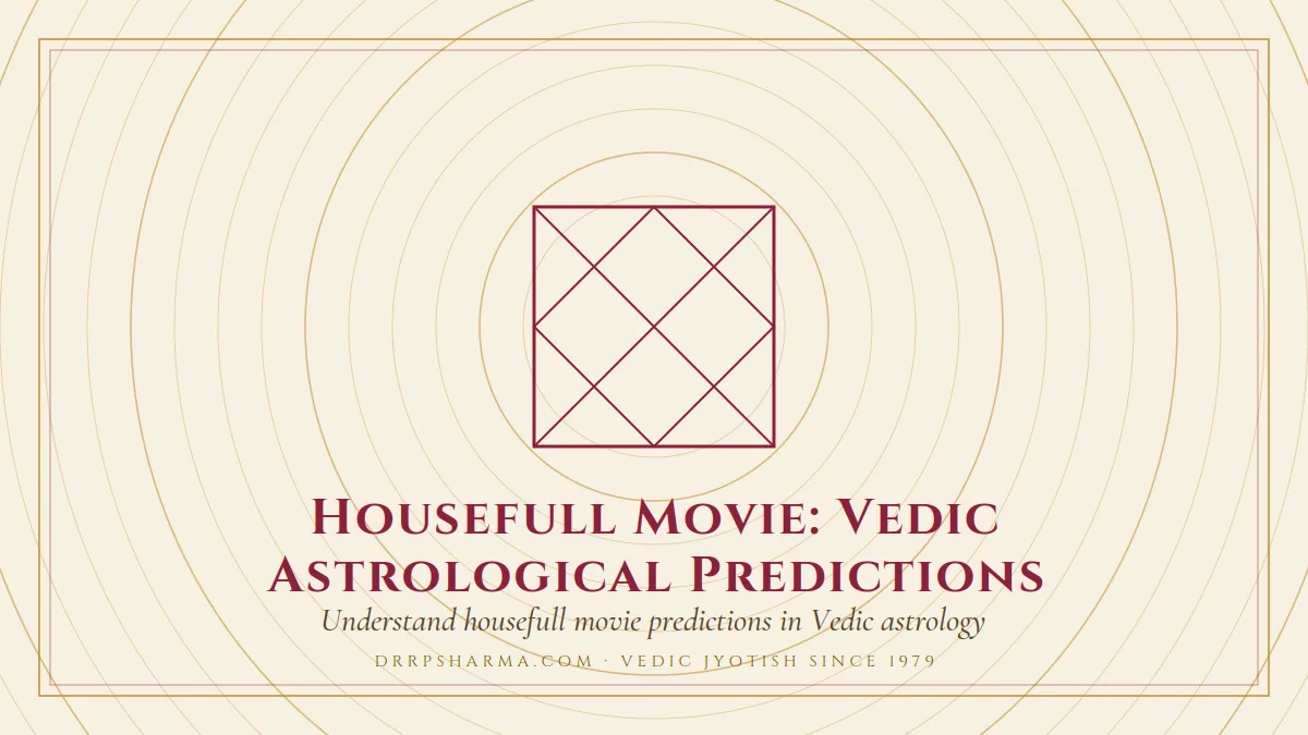 Housefull Movie: Vedic Astrological Predictions — a Vedic birth-chart (kundli) diagram motif on a parchment plate