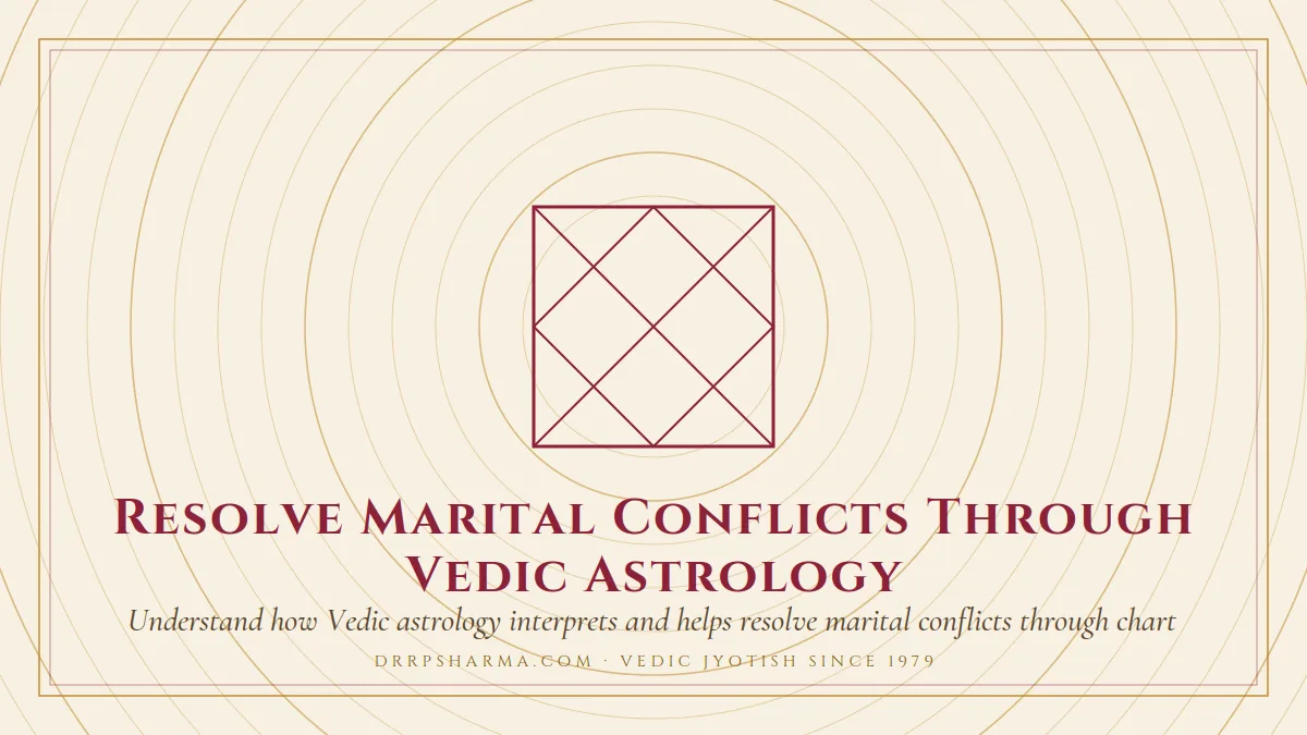 Resolve Marital Conflicts Through Vedic Astrology — a Vedic birth-chart (kundli) diagram motif on a parchment plate