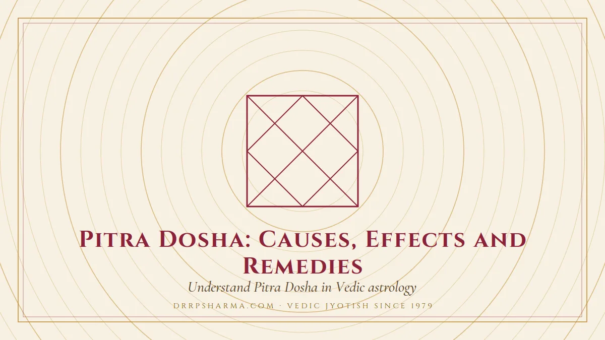 Pitra Dosha: Causes, Effects and Remedies — a Vedic birth-chart (kundli) diagram motif on a parchment plate