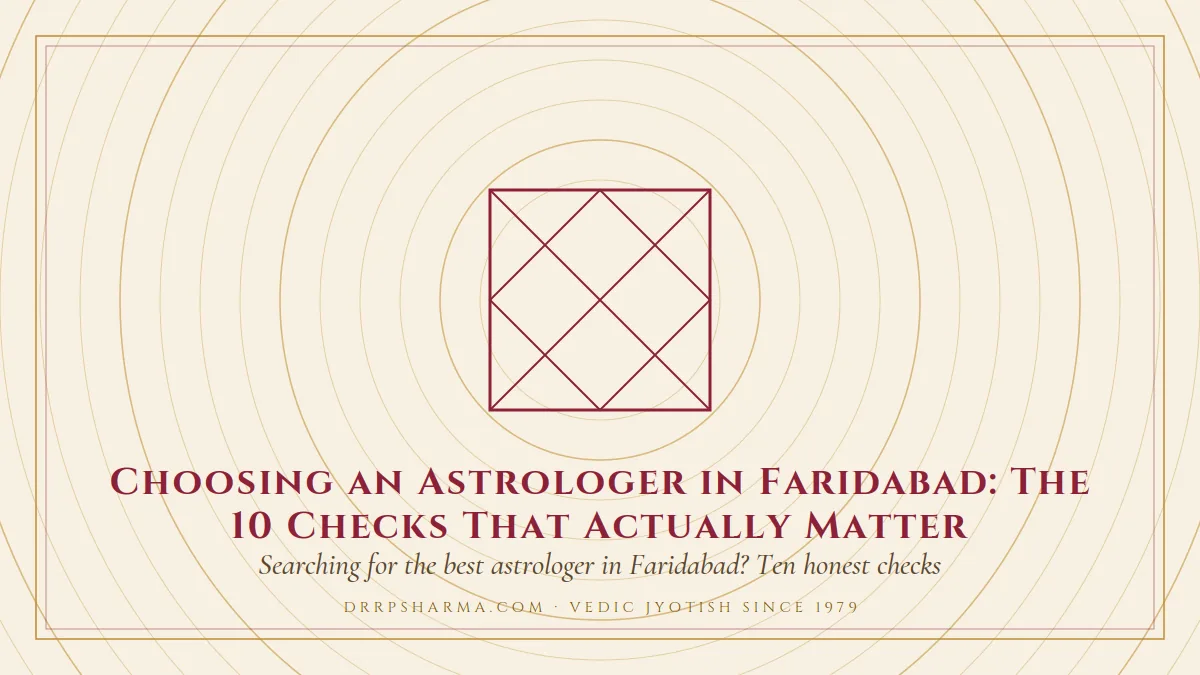 Choosing an Astrologer in Faridabad: The 10 Checks That Actually Matter — a Vedic birth-chart (kundli) diagram motif on a parchment plate