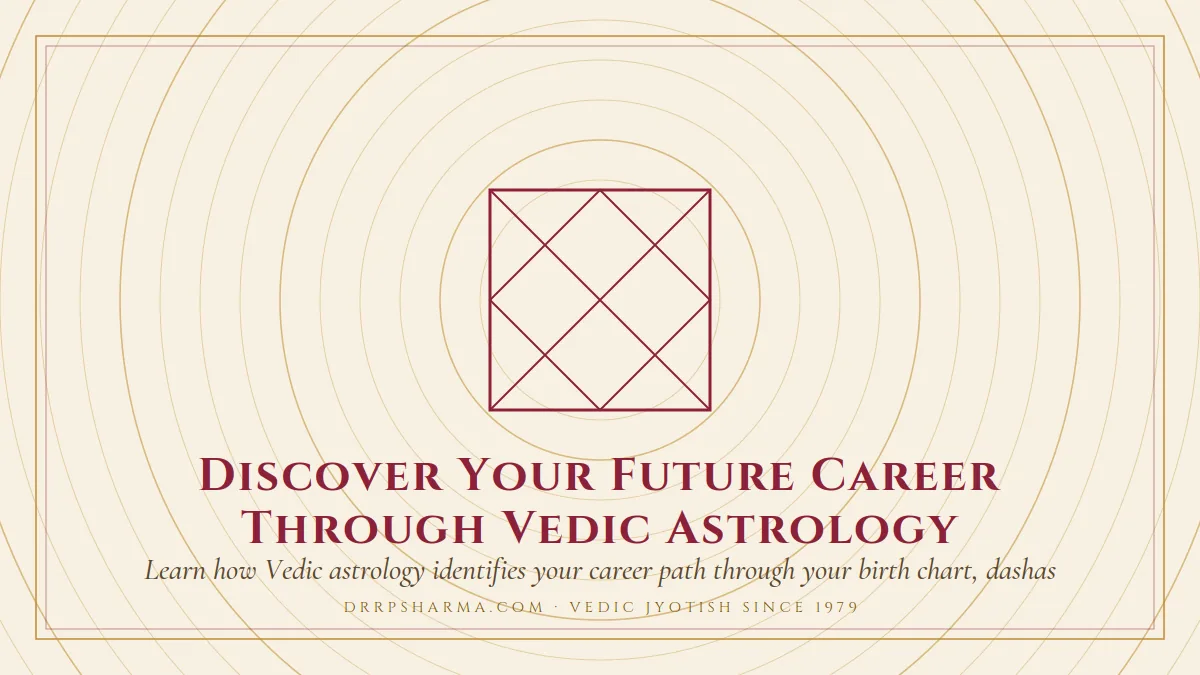 Discover Your Future Career Through Vedic Astrology — a Vedic birth-chart (kundli) diagram motif on a parchment plate