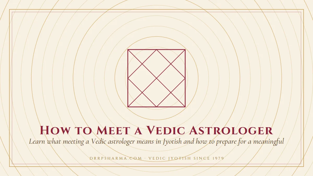 How to Meet a Vedic Astrologer — a Vedic birth-chart (kundli) diagram motif on a parchment plate