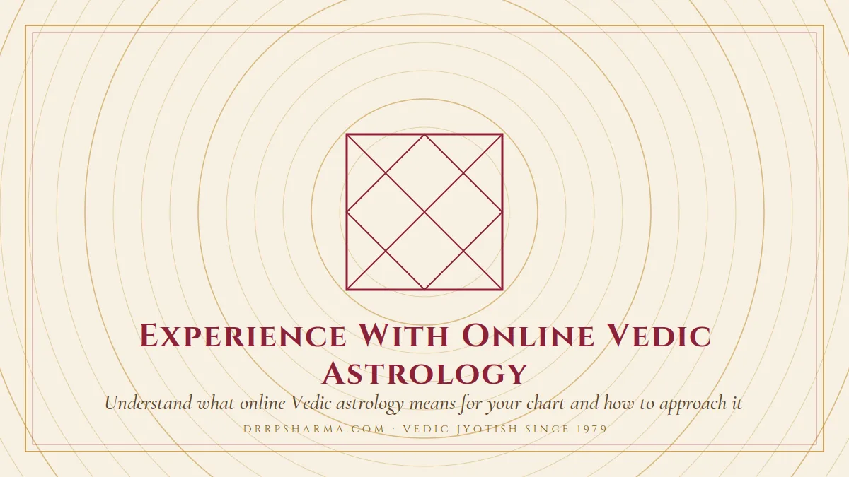 Experience With Online Vedic Astrology — a Vedic birth-chart (kundli) diagram motif on a parchment plate