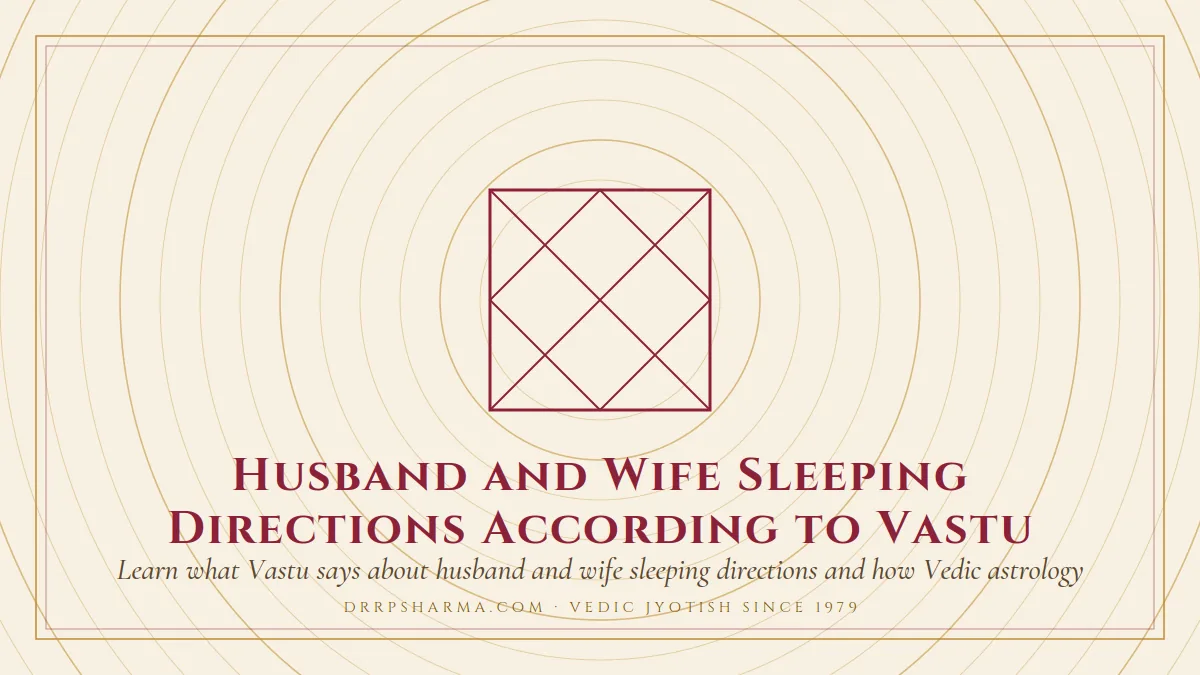 Husband and Wife Sleeping Directions According to Vastu — a Vedic birth-chart (kundli) diagram motif on a parchment plate