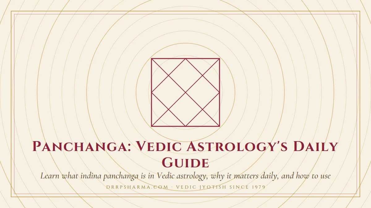 Panchanga: Vedic Astrology's Daily Guide — a Vedic birth-chart (kundli) diagram motif on a parchment plate