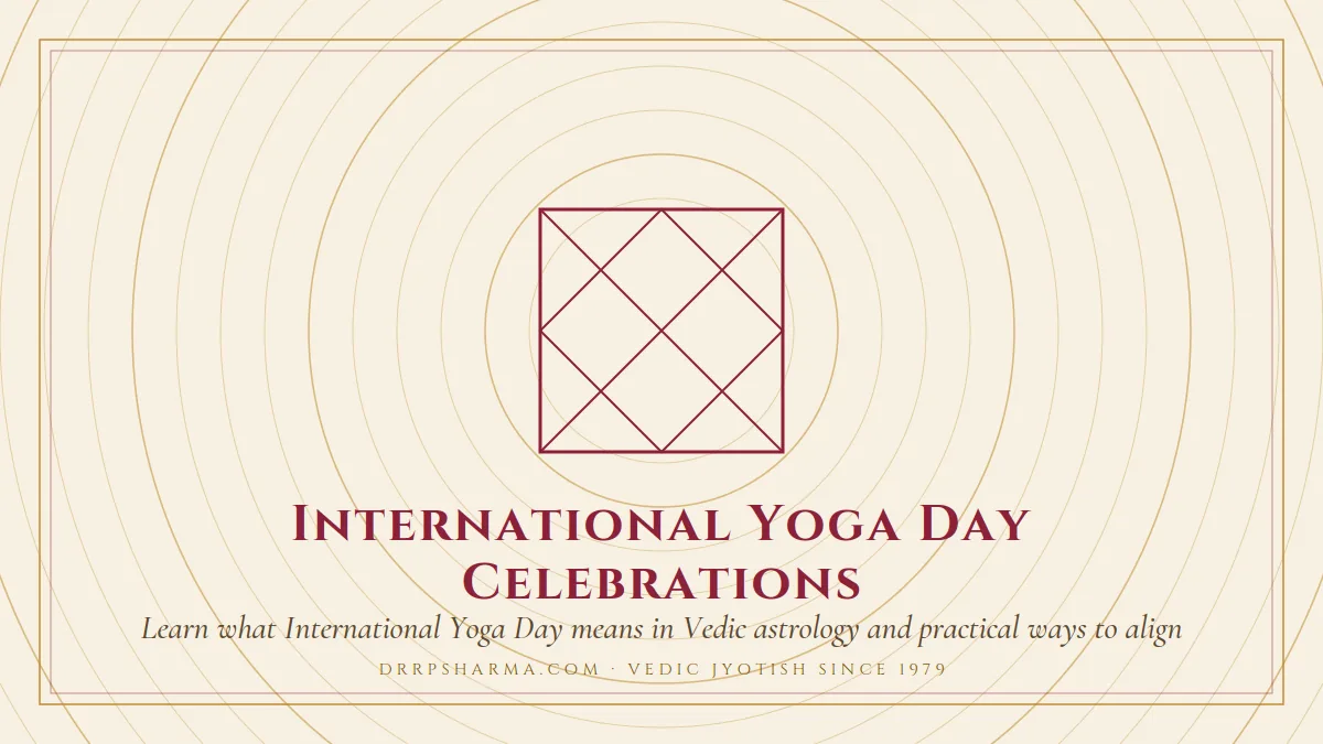 International Yoga Day Celebrations — a Vedic birth-chart (kundli) diagram motif on a parchment plate
