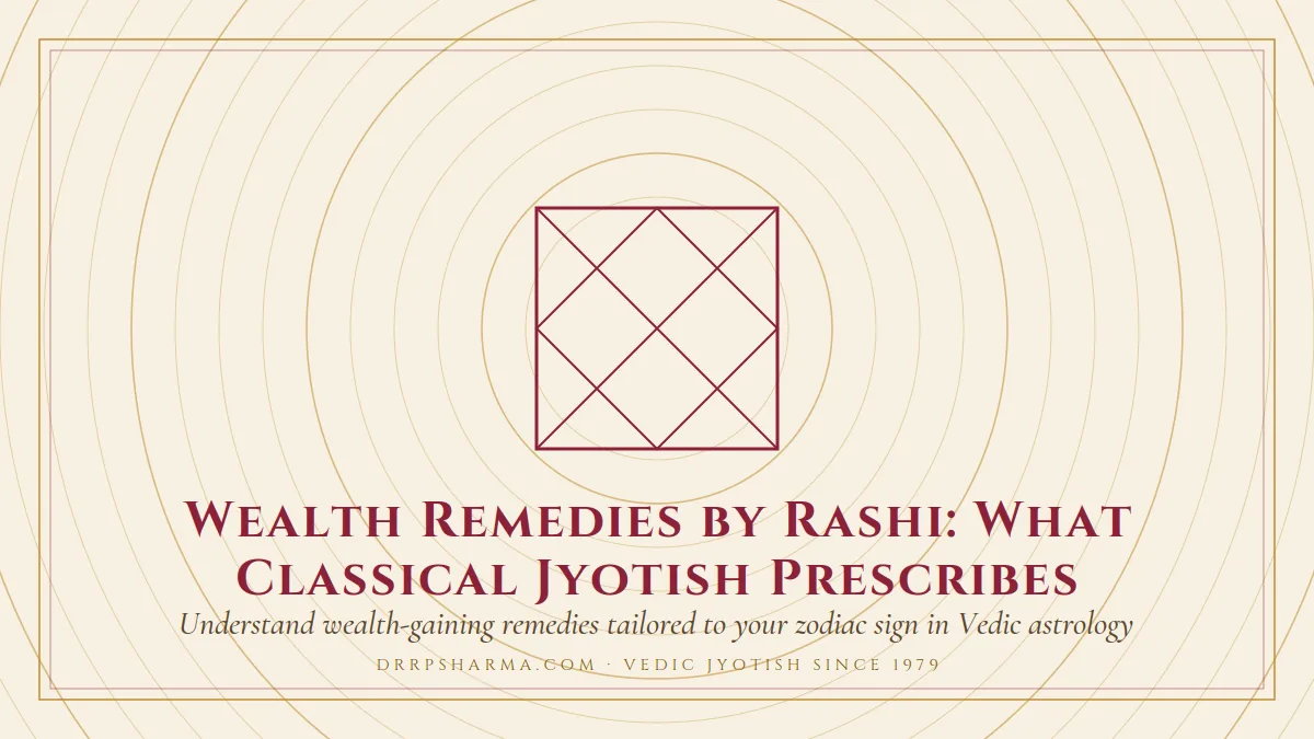 Wealth Remedies by Rashi: What Classical Jyotish Prescribes — a Vedic birth-chart (kundli) diagram motif on a parchment plate