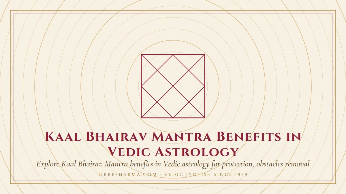 Kaal Bhairav Mantra Benefits in Vedic Astrology — a Vedic birth-chart (kundli) diagram motif on a parchment plate