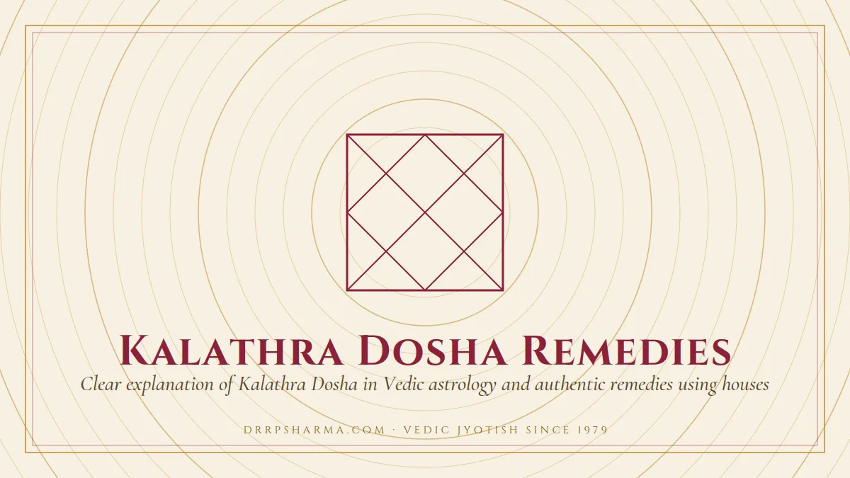 Kalathra Dosha Remedies — a Vedic birth-chart (kundli) diagram motif on a parchment plate
