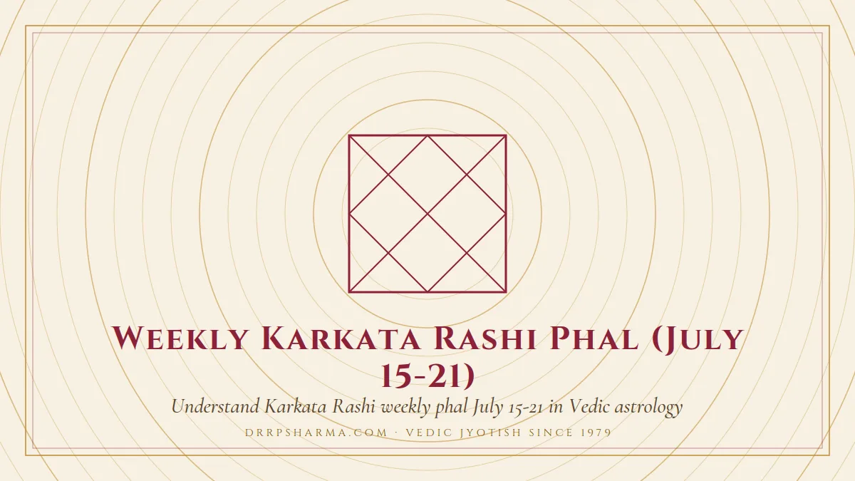 Weekly Karkata Rashi Phal (July 15-21) — a Vedic birth-chart (kundli) diagram motif on a parchment plate