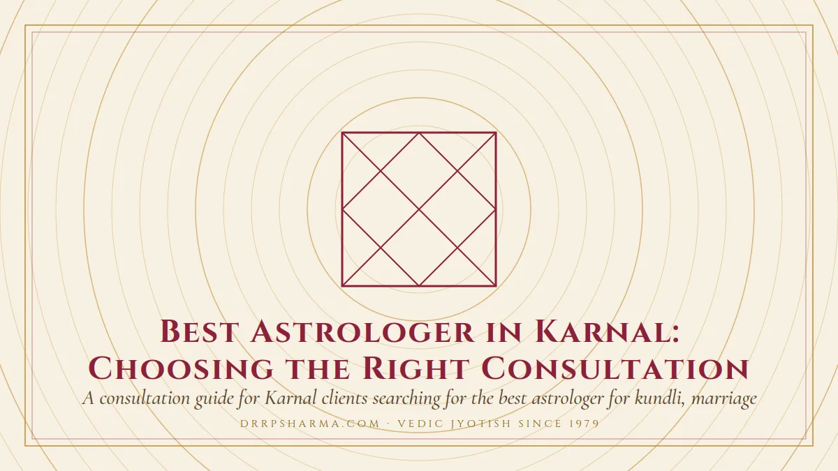 Best Astrologer in Karnal: Choosing the Right Consultation — a Vedic birth-chart (kundli) diagram motif on a parchment plate