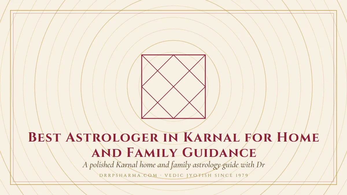 Best Astrologer in Karnal for Home and Family Guidance — a Vedic birth-chart (kundli) diagram motif on a parchment plate