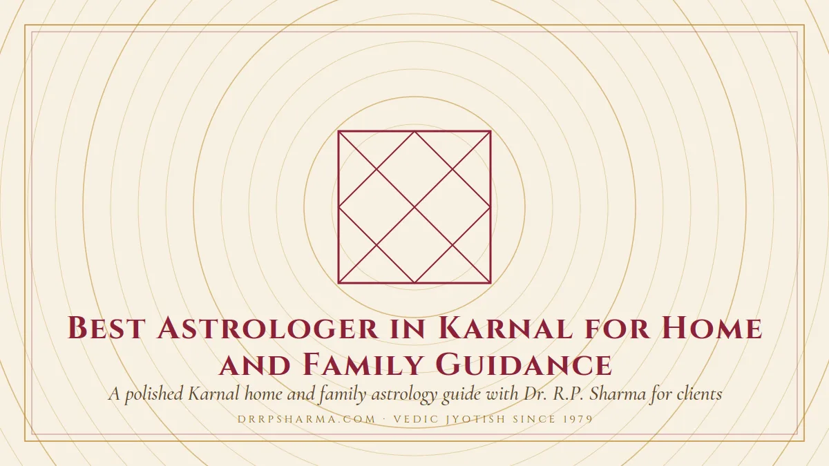 Best Astrologer in Karnal for Home and Family Guidance — a Vedic birth-chart (kundli) diagram motif on a parchment plate