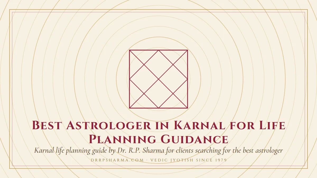 Best Astrologer in Karnal for Life Planning Guidance — a Vedic birth-chart (kundli) diagram motif on a parchment plate