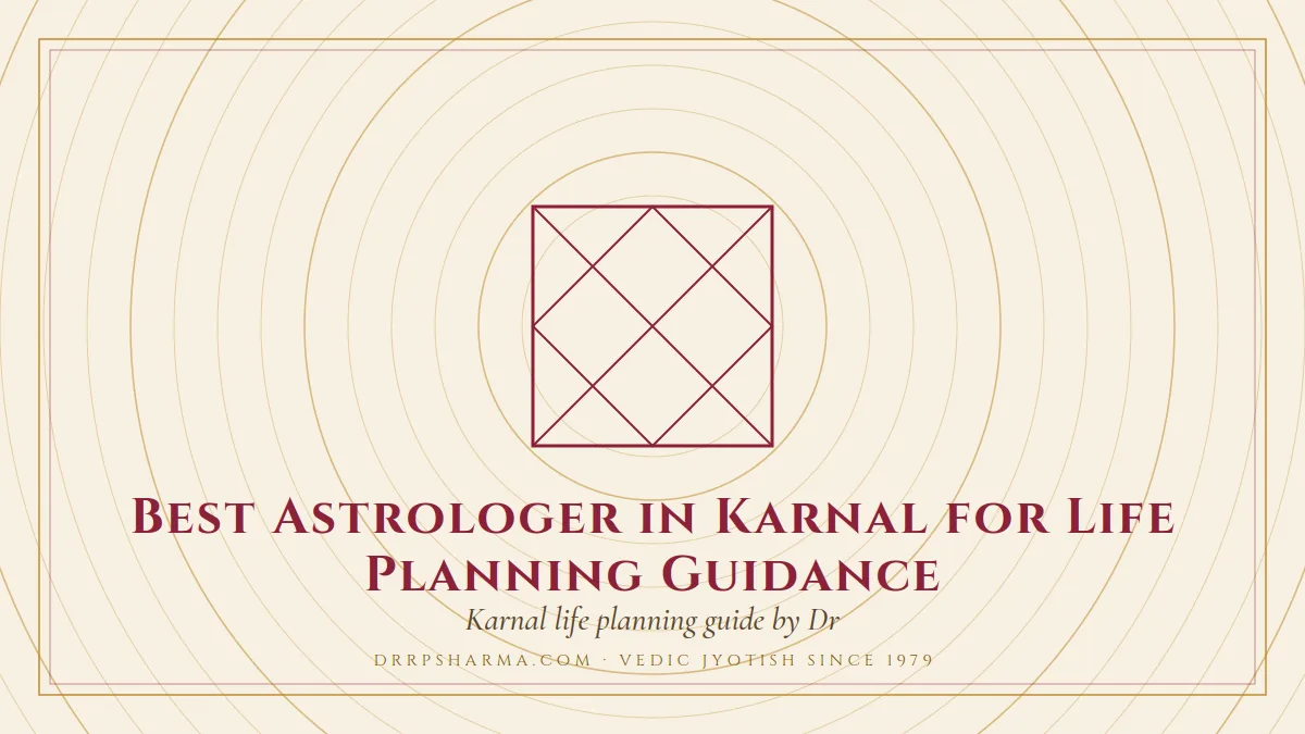 Best Astrologer in Karnal for Life Planning Guidance — a Vedic birth-chart (kundli) diagram motif on a parchment plate