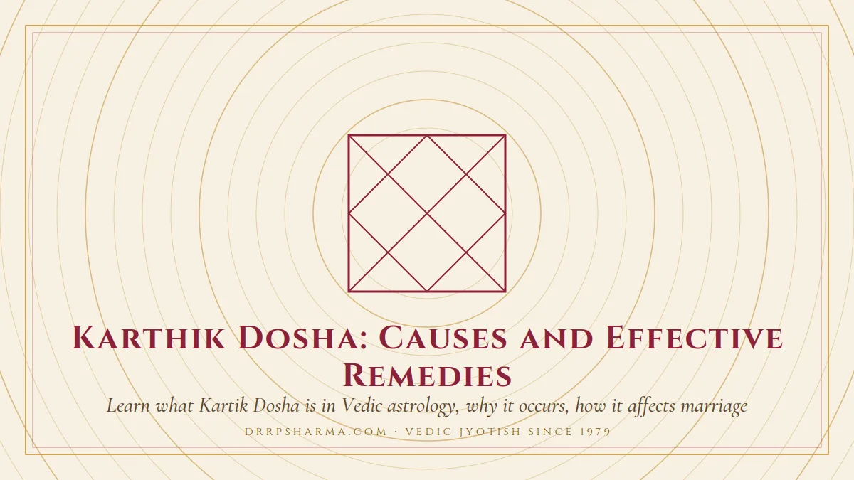 Karthik Dosha: Causes and Effective Remedies — a Vedic birth-chart (kundli) diagram motif on a parchment plate