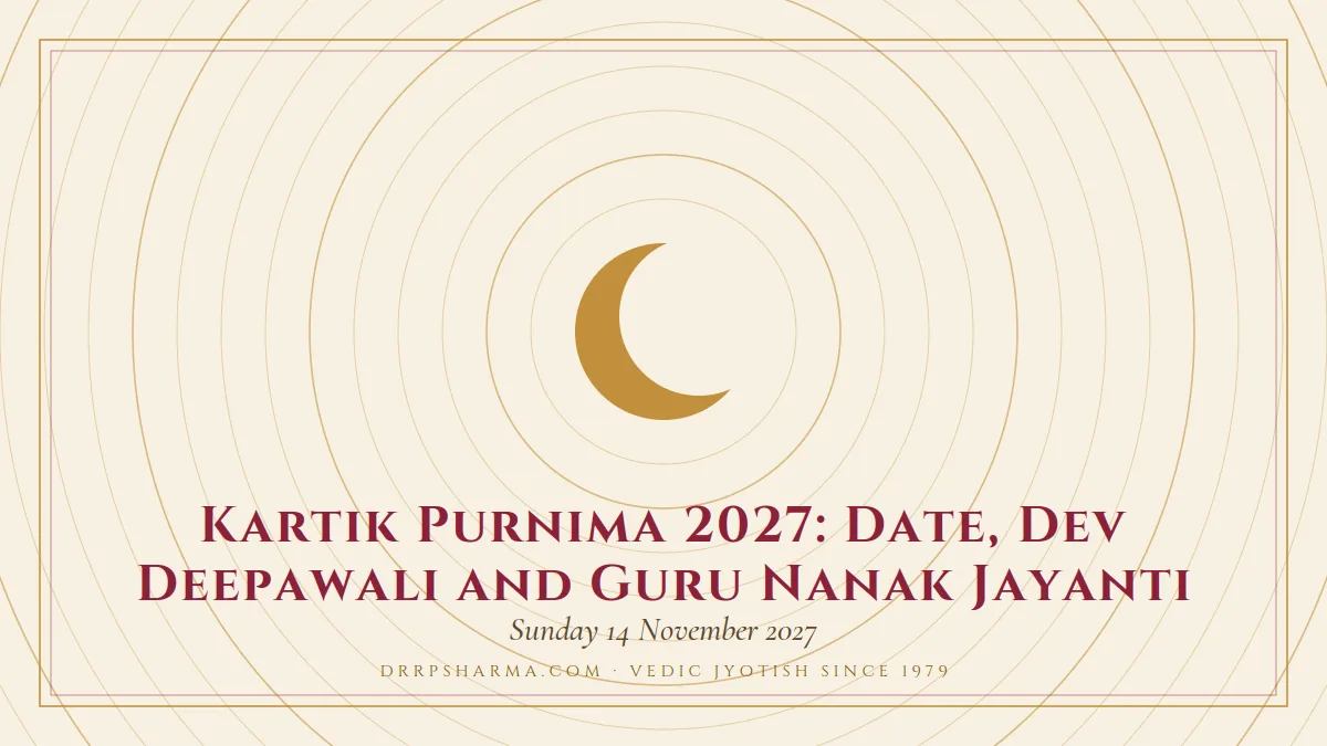 Kartik Purnima 2027: Date, Dev Deepawali and Guru Nanak Jayanti — a gold crescent-moon motif on a parchment plate