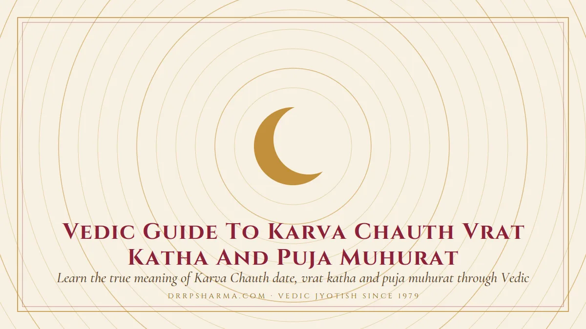Vedic Guide To Karva Chauth Vrat Katha And Puja Muhurat — a gold crescent-moon motif on a parchment plate
