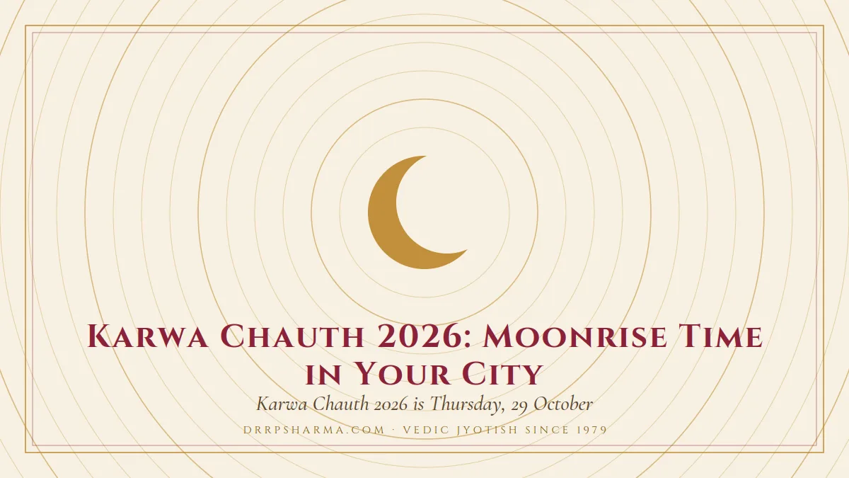 Karwa Chauth 2026: Moonrise Time in Your City — a gold crescent-moon motif on a parchment plate