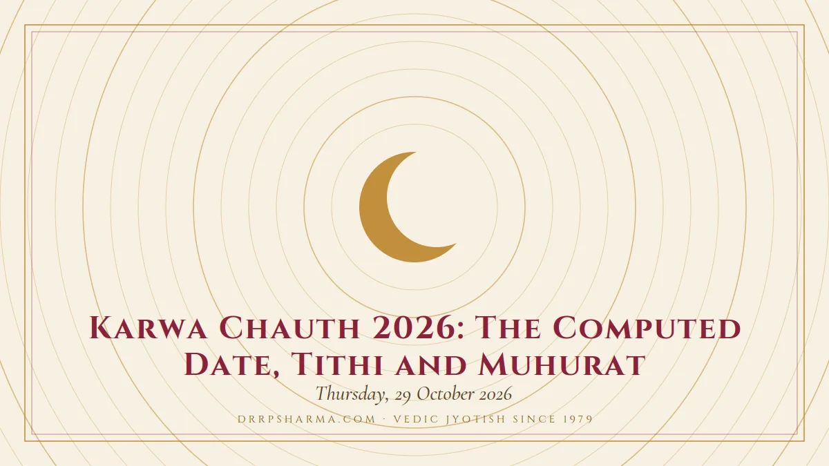 Karwa Chauth 2026: The Computed Date, Tithi and Muhurat — a gold crescent-moon motif on a parchment plate