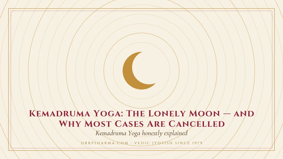Kemadruma Yoga: The Lonely Moon — and Why Most Cases Are Cancelled — a gold crescent-moon motif on a parchment plate