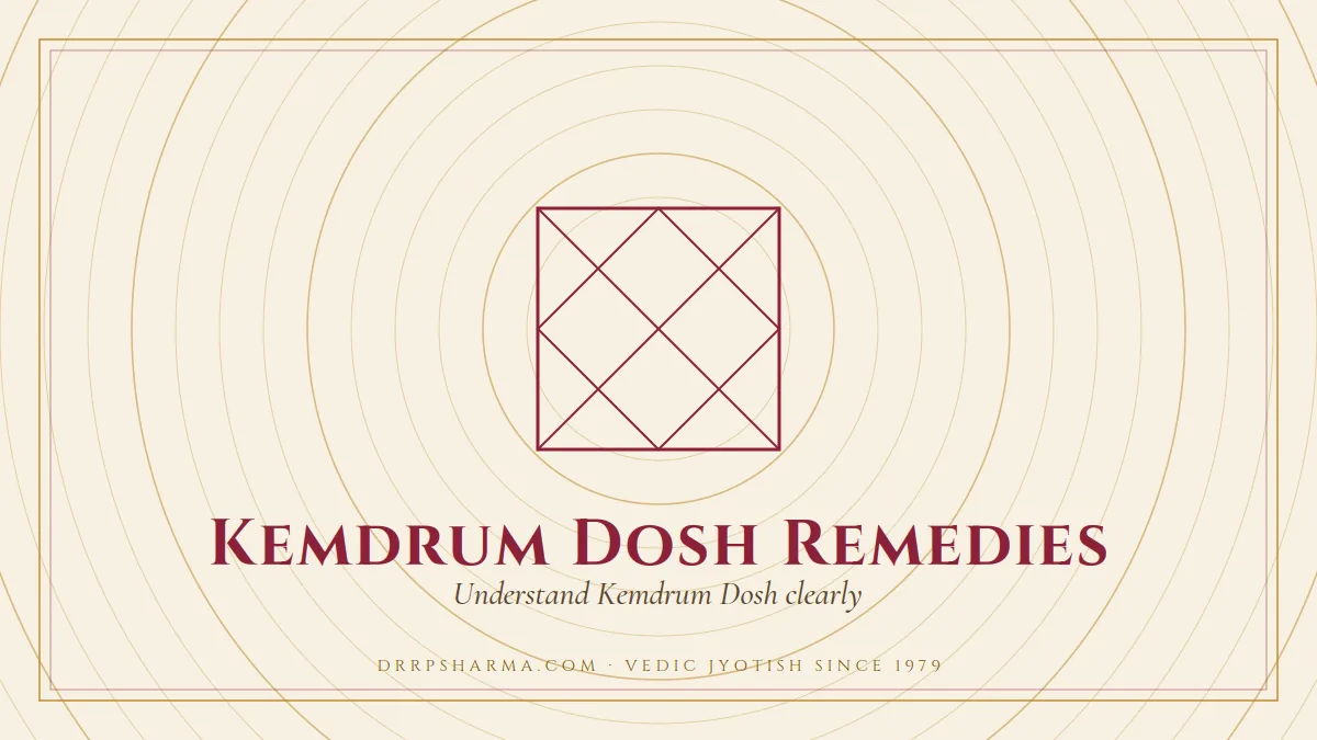 Kemdrum Dosh Remedies — a Vedic birth-chart (kundli) diagram motif on a parchment plate
