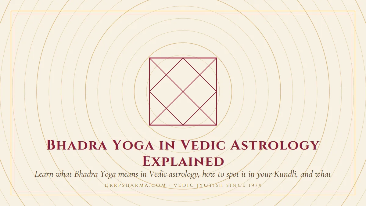 Bhadra Yoga in Vedic Astrology Explained — a Vedic birth-chart (kundli) diagram motif on a parchment plate