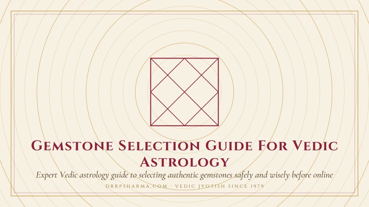 Gemstone Selection Guide For Vedic Astrology — a Vedic birth-chart (kundli) diagram motif on a parchment plate
