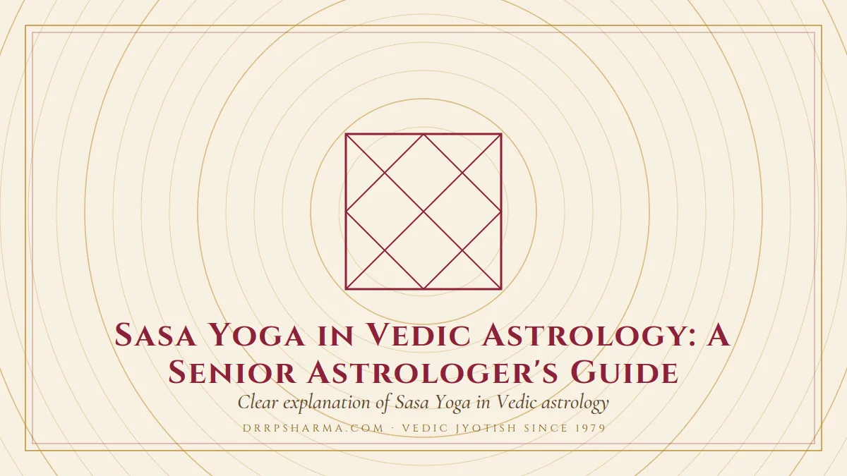 Sasa Yoga in Vedic Astrology: A Senior Astrologer's Guide — a Vedic birth-chart (kundli) diagram motif on a parchment plate