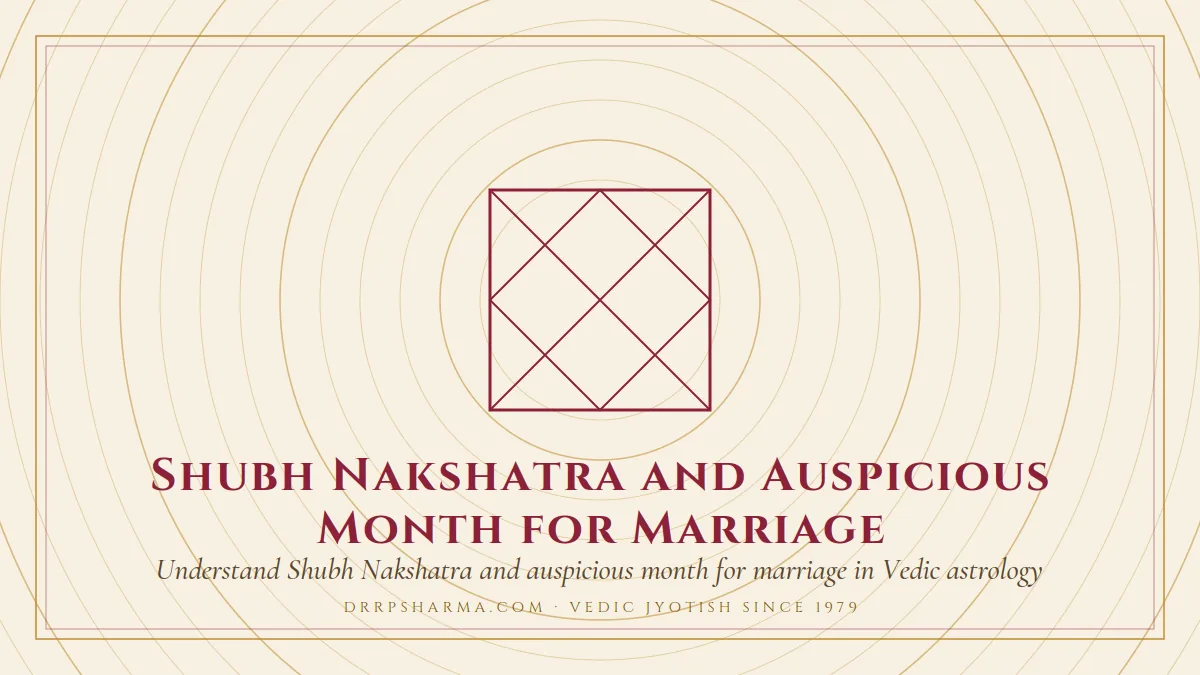 Shubh Nakshatra and Auspicious Month for Marriage — a Vedic birth-chart (kundli) diagram motif on a parchment plate