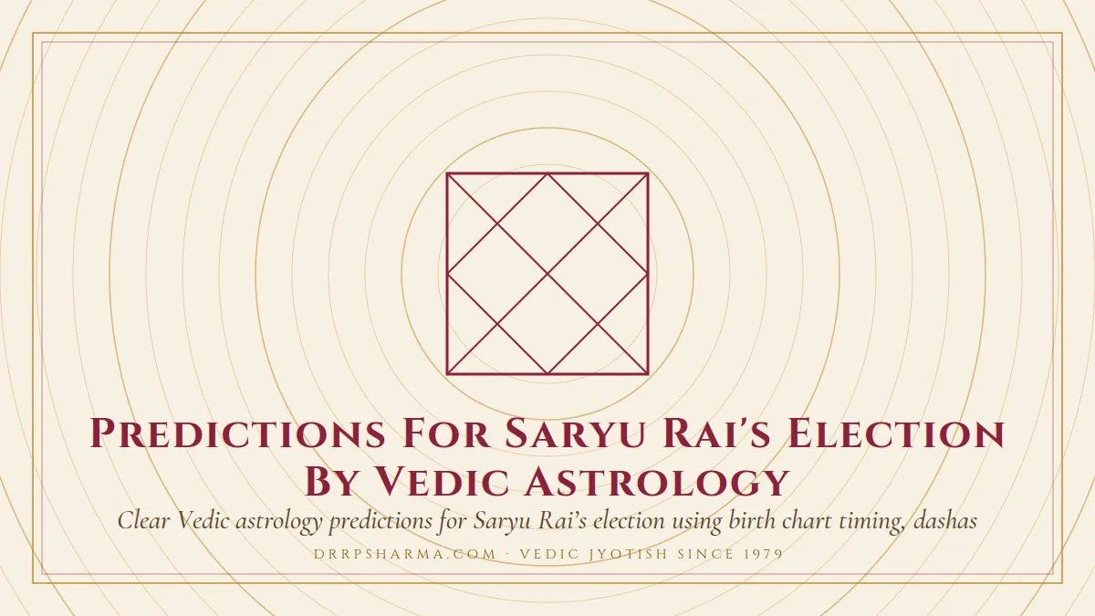 Predictions For Saryu Rai's Election By Vedic Astrology — a Vedic birth-chart (kundli) diagram motif on a parchment plate
