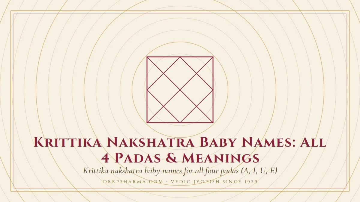 Krittika Nakshatra Baby Names: All 4 Padas & Meanings — a Vedic birth-chart (kundli) diagram motif on a parchment plate