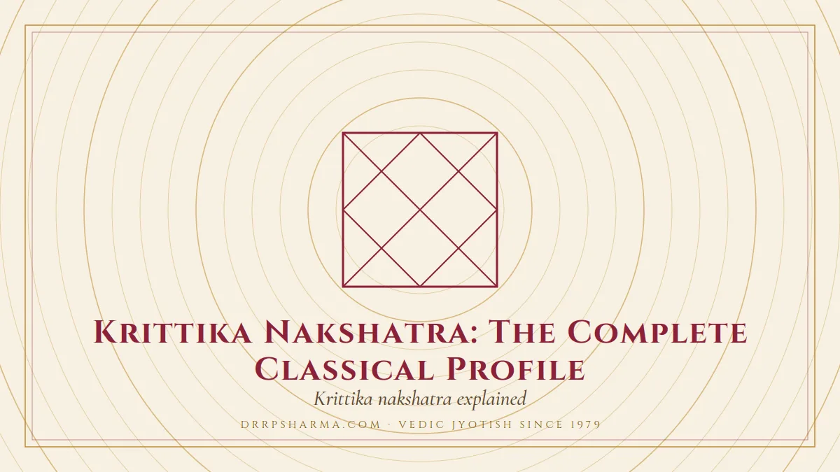 Krittika Nakshatra: The Complete Classical Profile — a Vedic birth-chart (kundli) diagram motif on a parchment plate