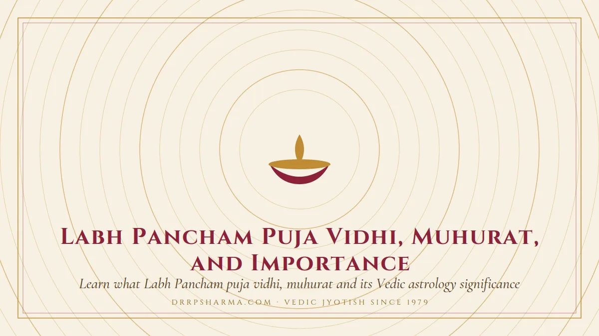 Labh Pancham Puja Vidhi, Muhurat, and Importance — a lit diya lamp motif on a parchment plate