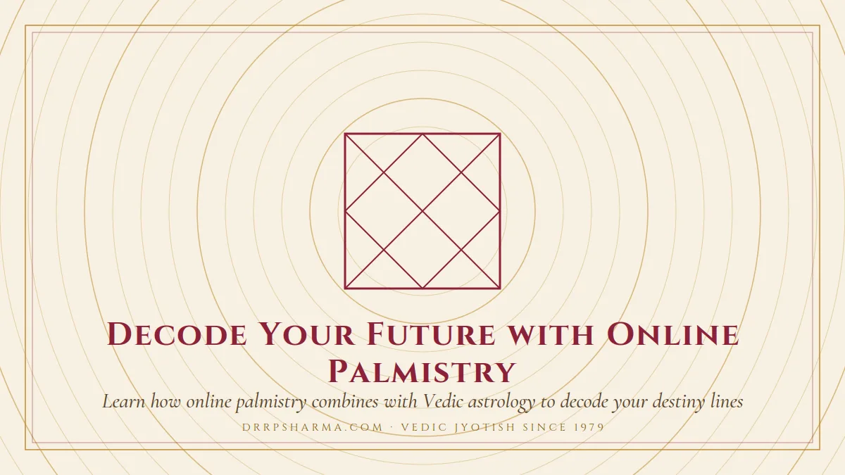 Decode Your Future with Online Palmistry — a Vedic birth-chart (kundli) diagram motif on a parchment plate